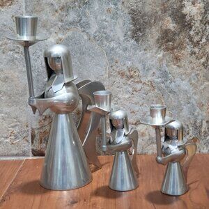 Vintage Banka Tin Metal Angel Silver Tone Candle Holder Set of 3